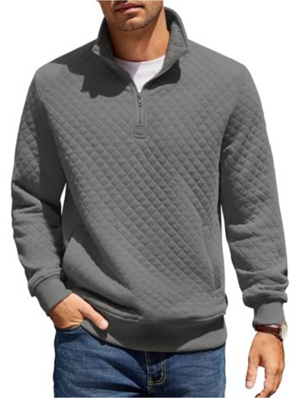 Mens Quarter Zip Quilted Sweatshirt Knit Long Sleeve Mock Neck Pullover Pocket